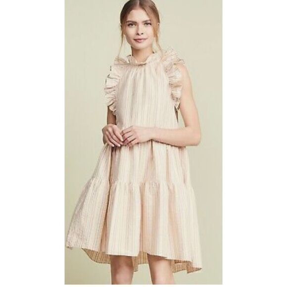 ULLA JOHNSON Tamsin Striped Cotton Ruffle Flutter Sleeve Trapeze Dress - Picture 1 of 12